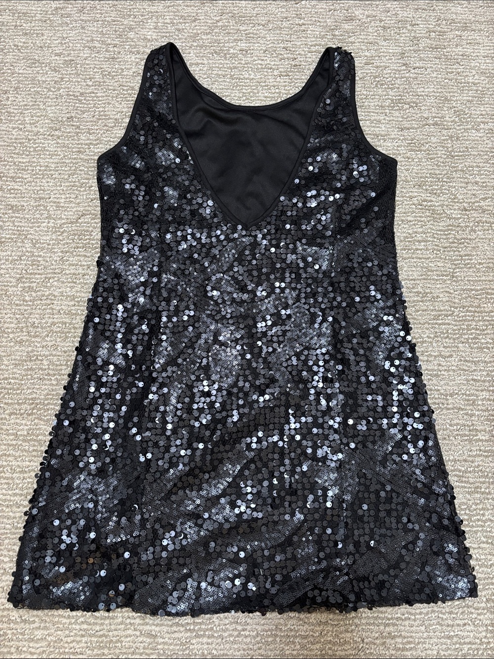 Black Sequin Sleeveless Shift Dress - low V back LBD - Picture 3 of 6